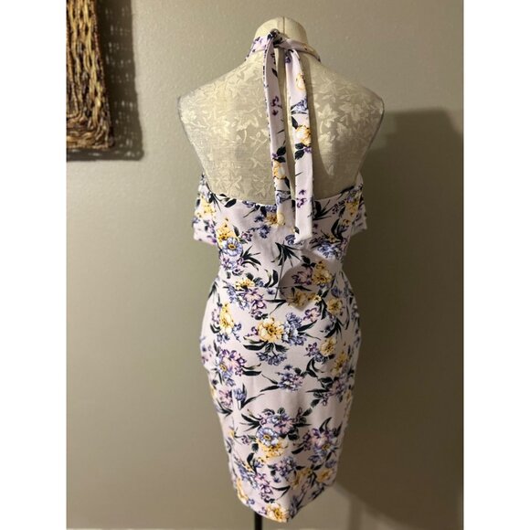 BEBE Dress 10 Lavender Stretch Floral Halter Tie Ruffle Summer Fairy NWT $129 - Picture 4 of 9